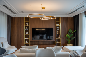 Sophisticated living room featuring contemporary furniture and unique lighting for a luxurious feel.